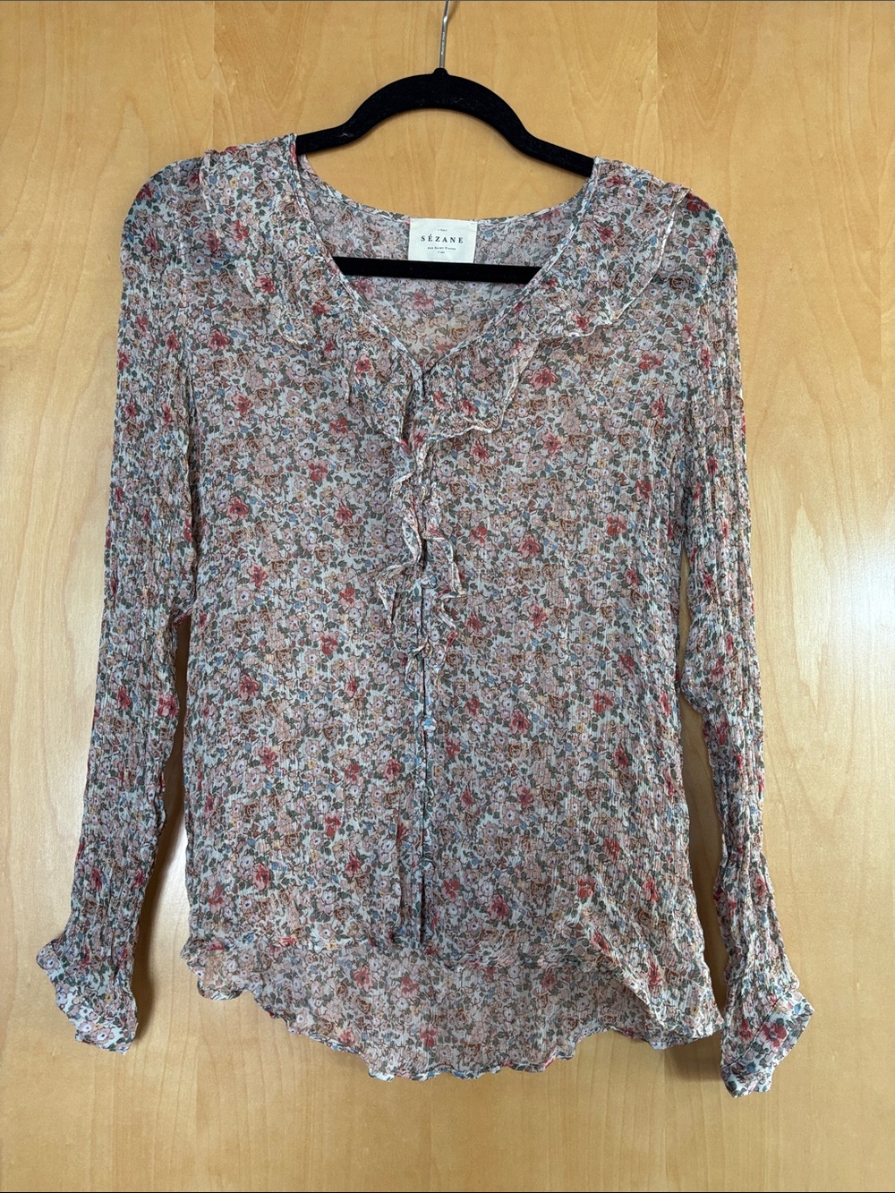 Sezane Ruffle Neck Blouse Blooming Print
